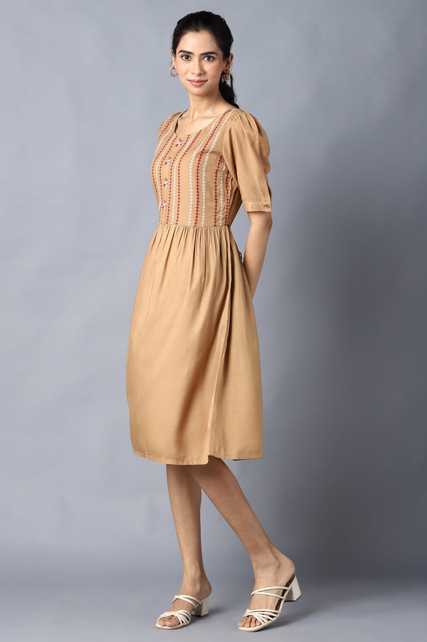 Aure Collection By Aurelia Beige Embroidered Dress With Gathers