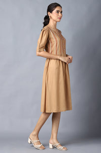 Aure Collection By Aurelia Beige Embroidered Dress With Gathers