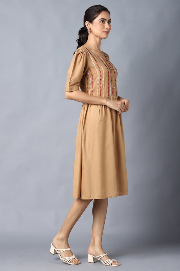 Aure Collection By Aurelia Beige Embroidered Dress With Gathers