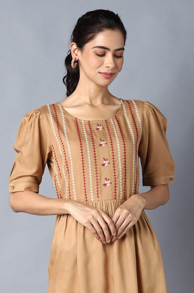 Aure Collection By Aurelia Beige Embroidered Dress With Gathers