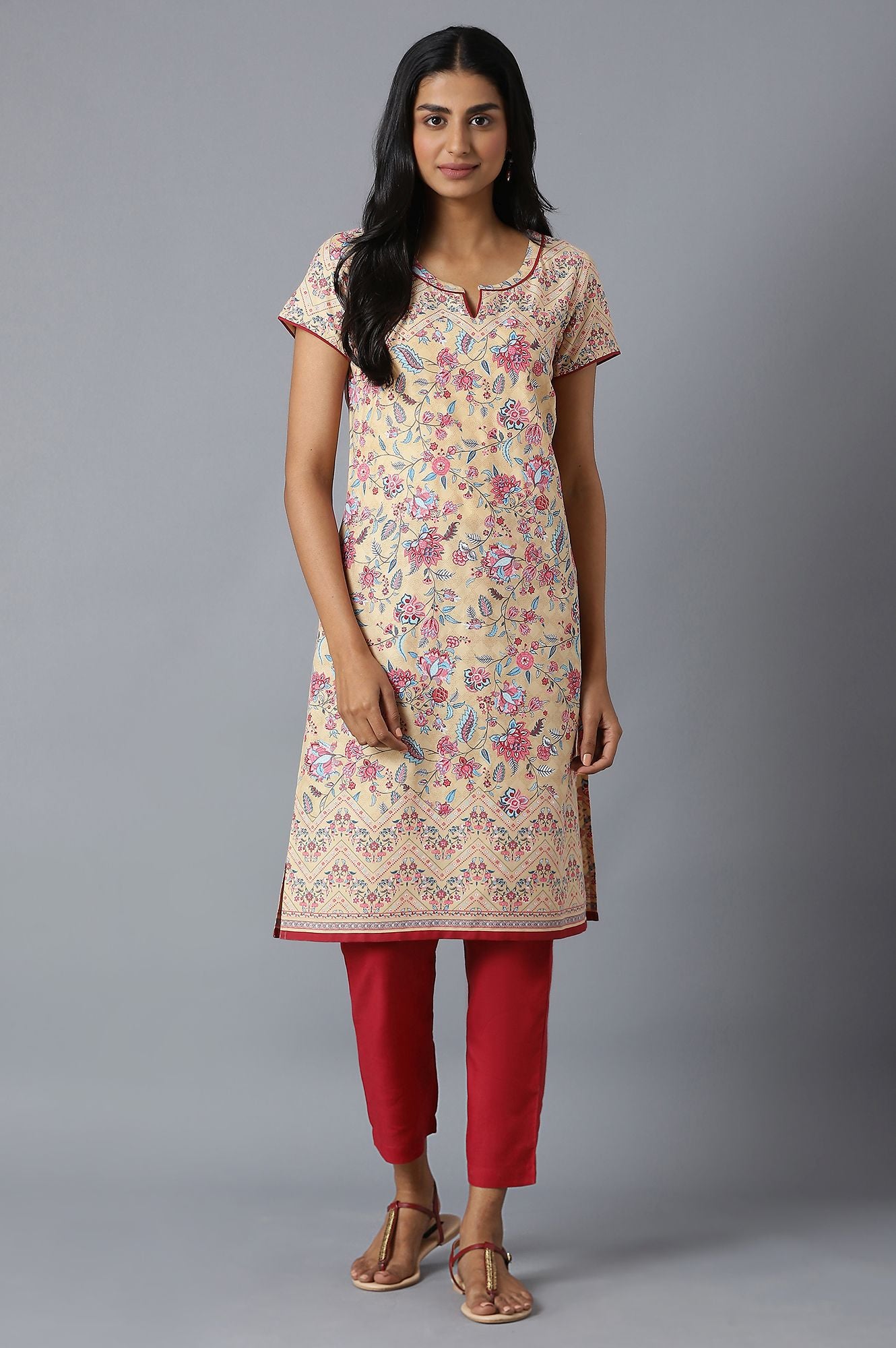 Natural Floral Printed kurta In Band With V Neck With Maroon Solid Trousers