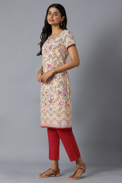 Natural Floral Printed kurta In Band With V Neck With Maroon Solid Trousers