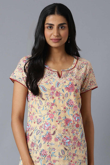 Natural Floral Printed kurta In Band With V Neck With Maroon Solid Trousers