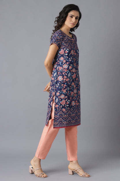 Blue Floral Print kurta and Peach Trousers Set