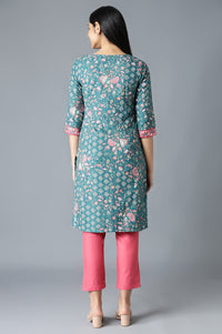 Green Floral Printed kurta In Round Neck With Pink Solid Trousers