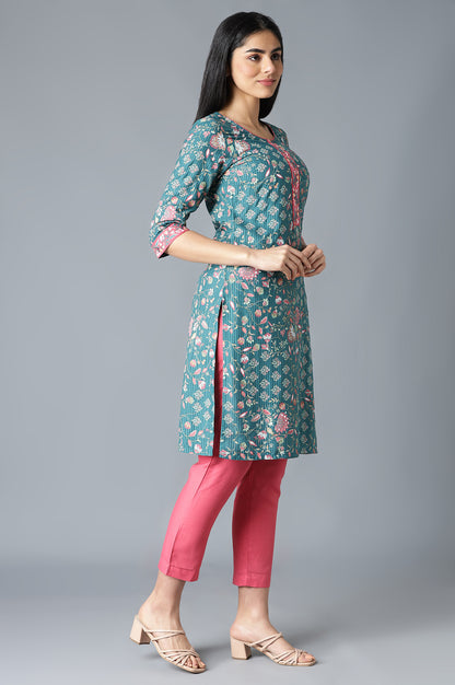 Green Floral Printed kurta In Round Neck With Pink Solid Trousers