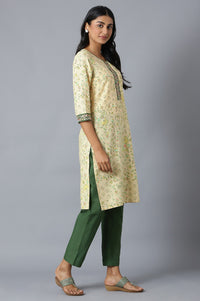 Natural Floral Printed kurta In Round Neck With Olive Solid Trousers