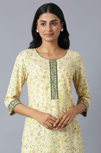 Natural Floral Printed kurta In Round Neck With Olive Solid Trousers