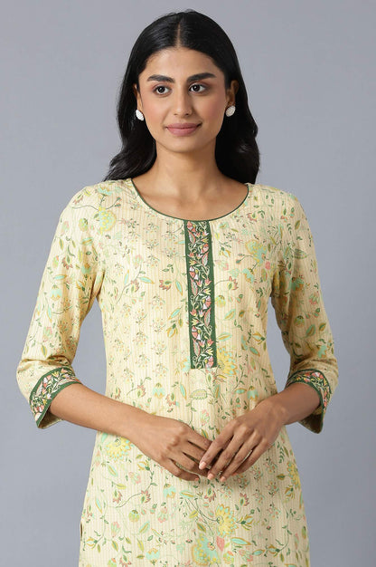 Natural Floral Printed kurta In Round Neck With Olive Solid Trousers