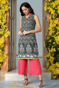 Black Floral Printed kurta In V-Neck With Red Straight Palazzo