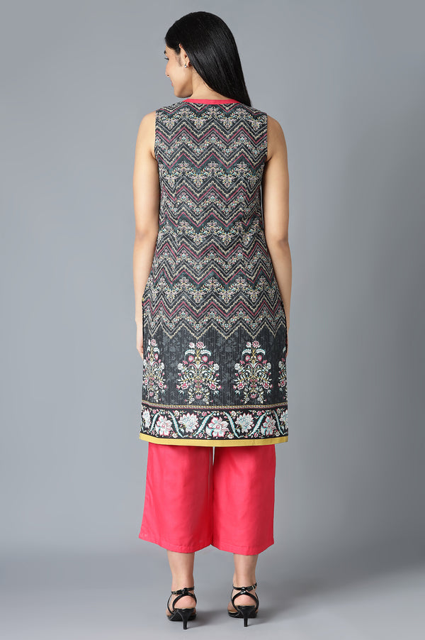 Black Floral Printed kurta In V-Neck With Red Straight Palazzo