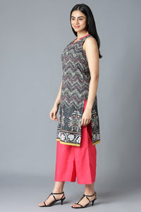 Black Floral Printed kurta In V-Neck With Red Straight Palazzo