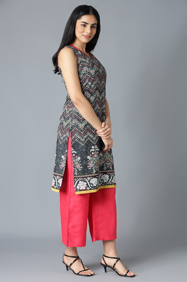 Black Floral Printed kurta In V-Neck With Red Straight Palazzo