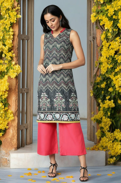 Black Floral Printed kurta In V-Neck With Red Straight Palazzo