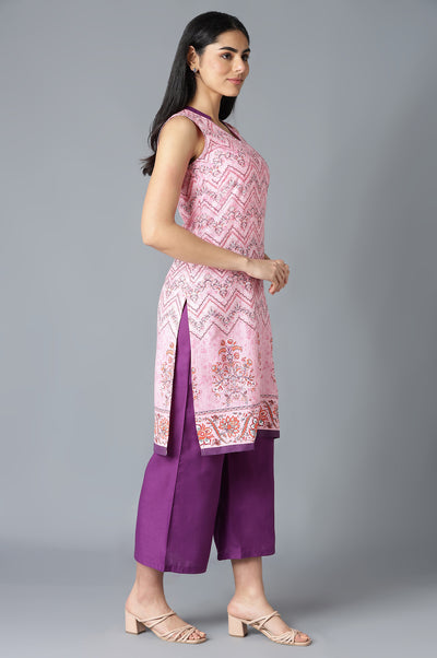 Lavender Floral Printed kurta In V-Neck With Purple Straight Palazzo