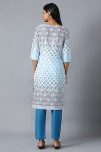 Sky Blue Floral Printed kurta In Round Neck With Blue Solid Trousers