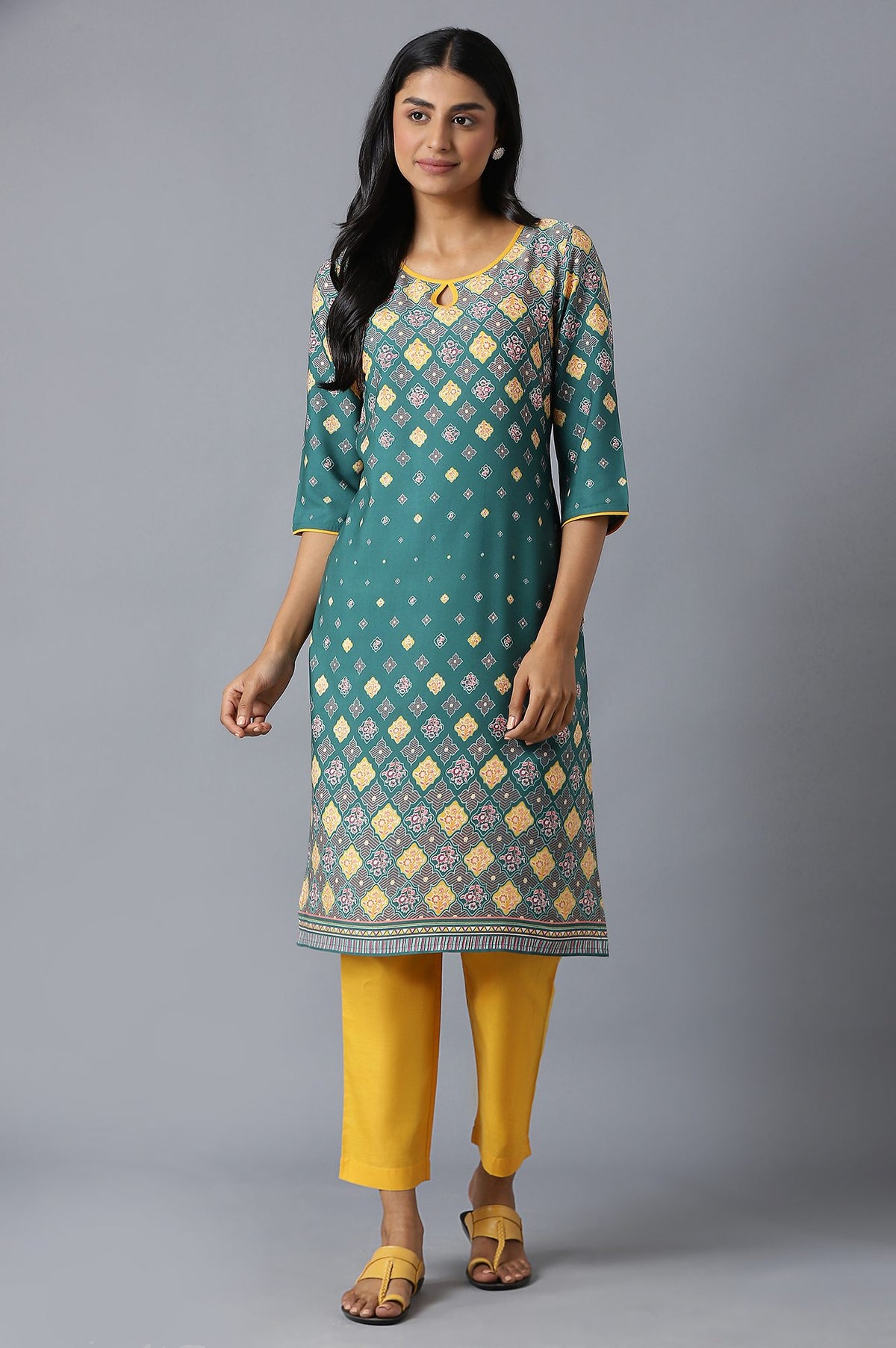 Algae Green Floral Printed kurta With Yellow Solid Trousers - XS