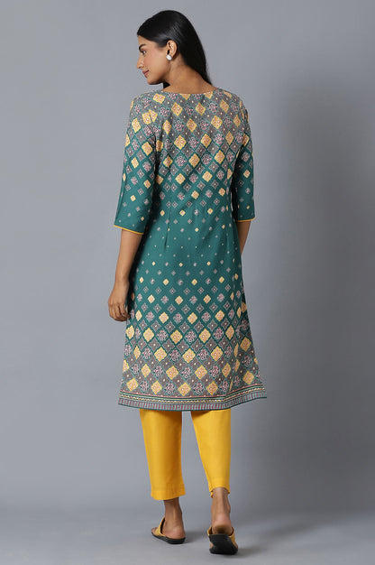 Algae Green Floral Printed kurta With Yellow Solid Trousers