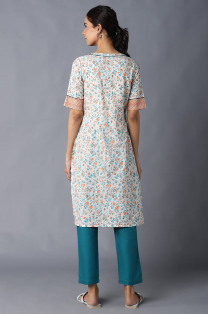 Natural Floral Printed kurta In Round Neck With Teal Green Solid Trousers