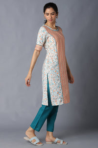 Natural Floral Printed kurta In Round Neck With Teal Green Solid Trousers