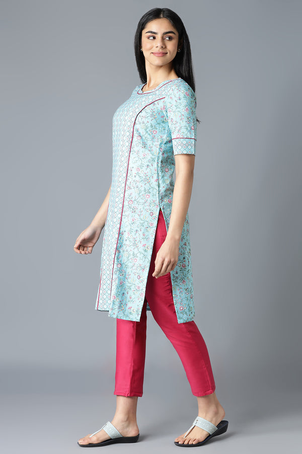 Blue Floral Printed kurta In Round Neck With Pink Solid Trousers