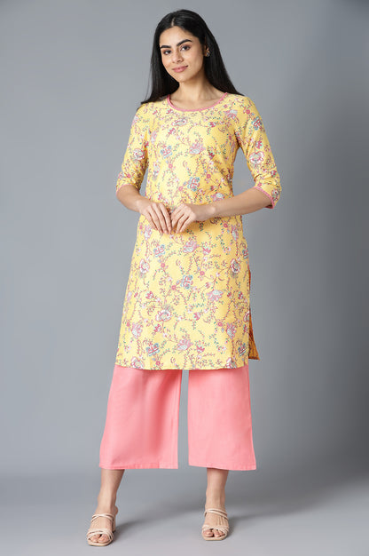 Yellow Floral Printed kurta In Round Neck With Pink Straight Palazzo