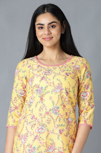 Yellow Floral Printed kurta In Round Neck With Pink Straight Palazzo