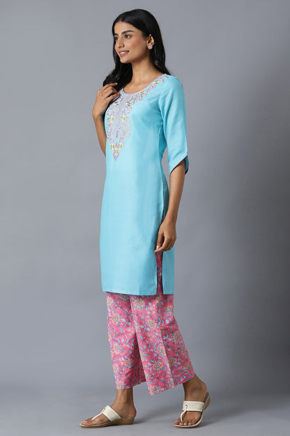 Sky Blue Ethnic Round Neck Embroidered kurta With Pink Printed Culottes