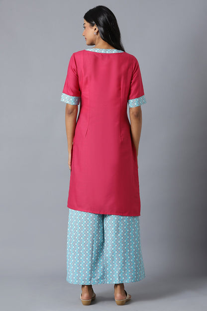 Pink Cotton kurta In Round Neck With Pink Straight Palazzo