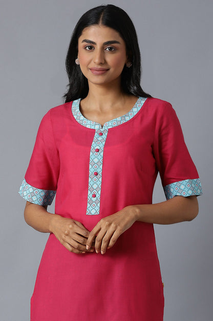 Pink Cotton kurta In Round Neck With Pink Straight Palazzo