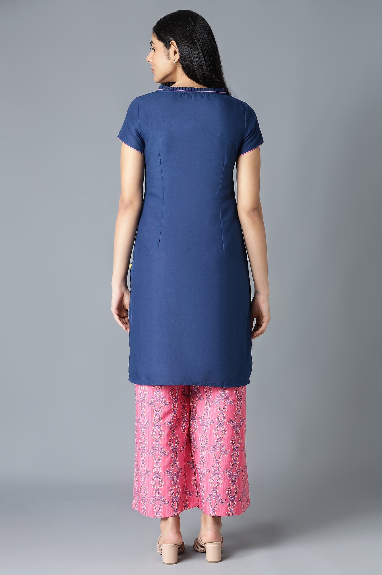 Dark Blue Embroidered kurta In Round Neck With Pink Straight Palazzo