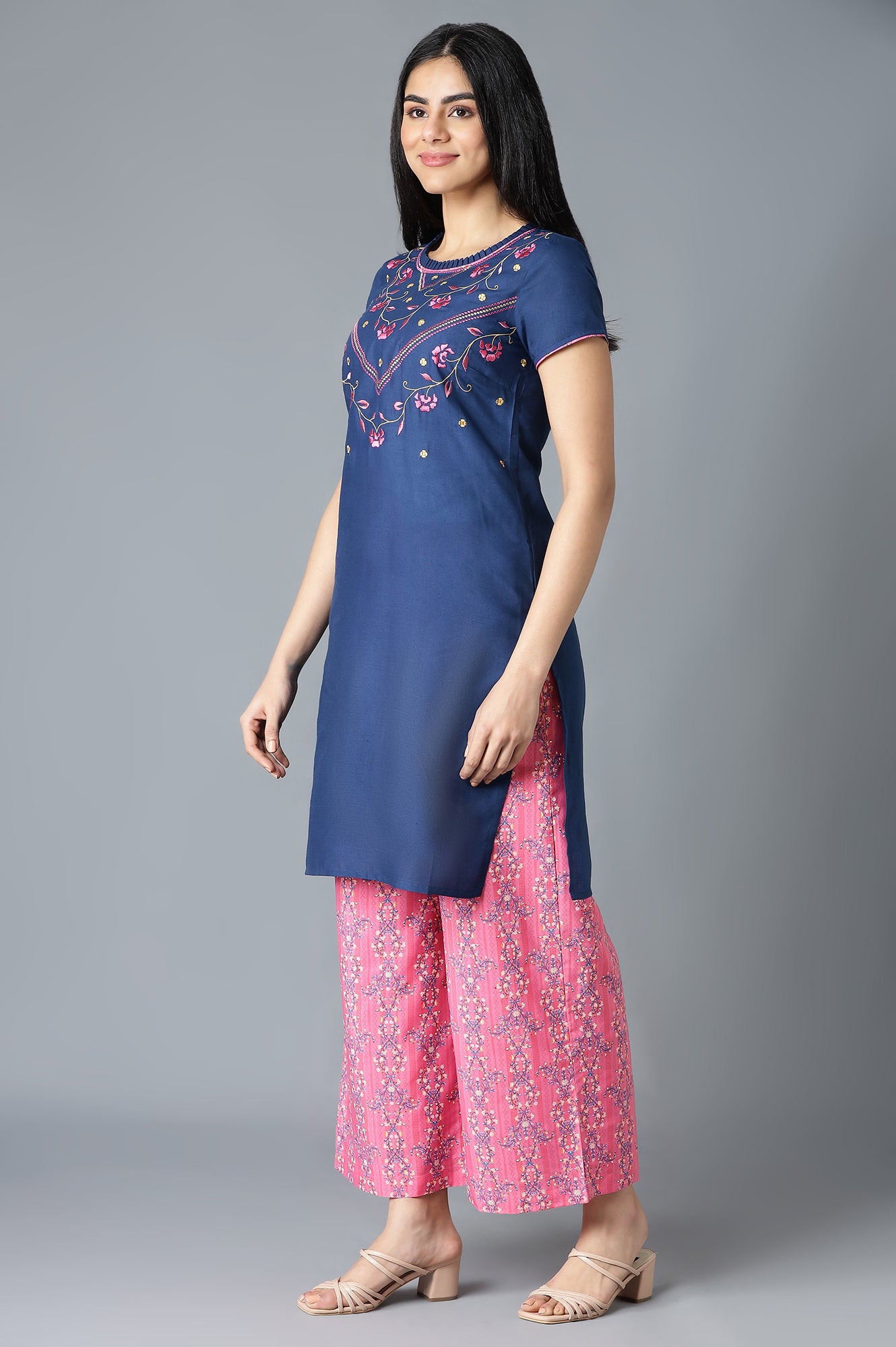 Dark Blue Embroidered kurta In Round Neck With Pink Straight Palazzo