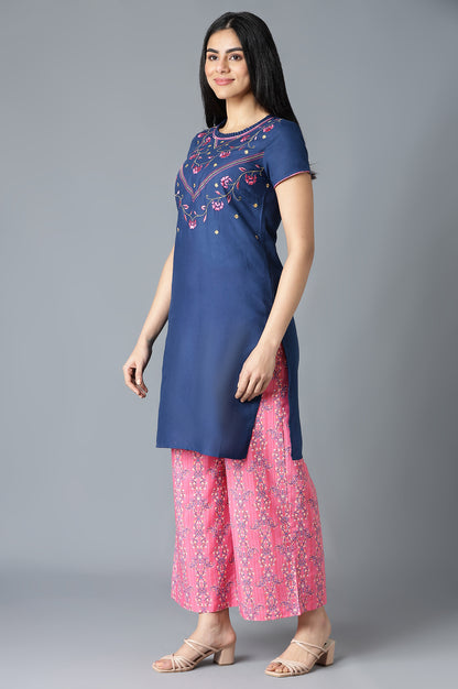 Dark Blue Embroidered kurta In Round Neck With Pink Straight Palazzo