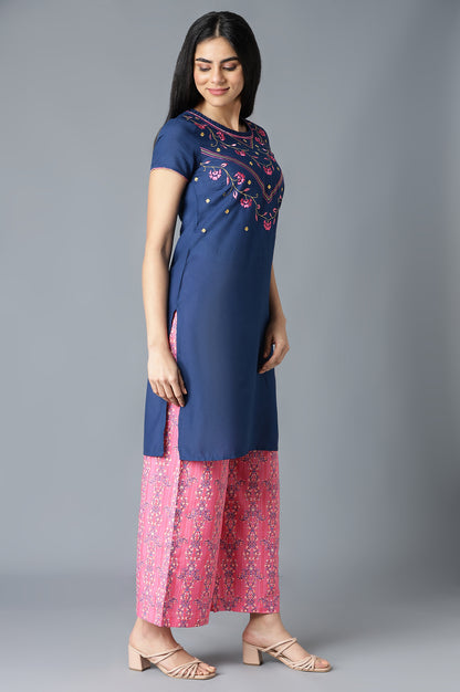 Dark Blue Embroidered kurta In Round Neck With Pink Straight Palazzo