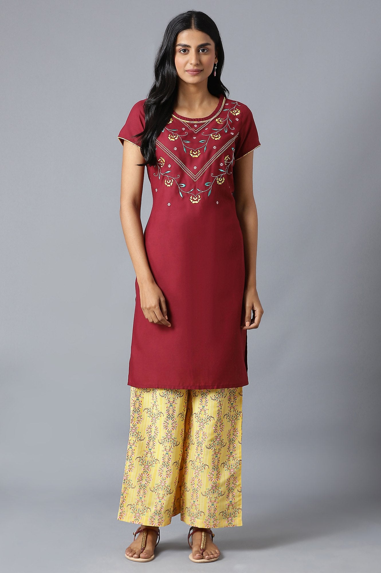 Brown Embroidered kurta In Round Neck With Yellow Straight Palazzo