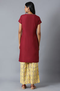 Brown Embroidered kurta In Round Neck With Yellow Straight Palazzo