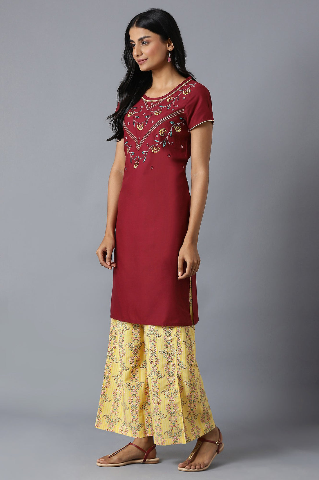 Brown Embroidered kurta In Round Neck With Yellow Straight Palazzo