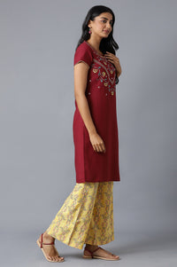 Brown Embroidered kurta In Round Neck With Yellow Straight Palazzo
