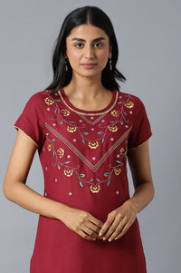 Brown Embroidered kurta In Round Neck With Yellow Straight Palazzo
