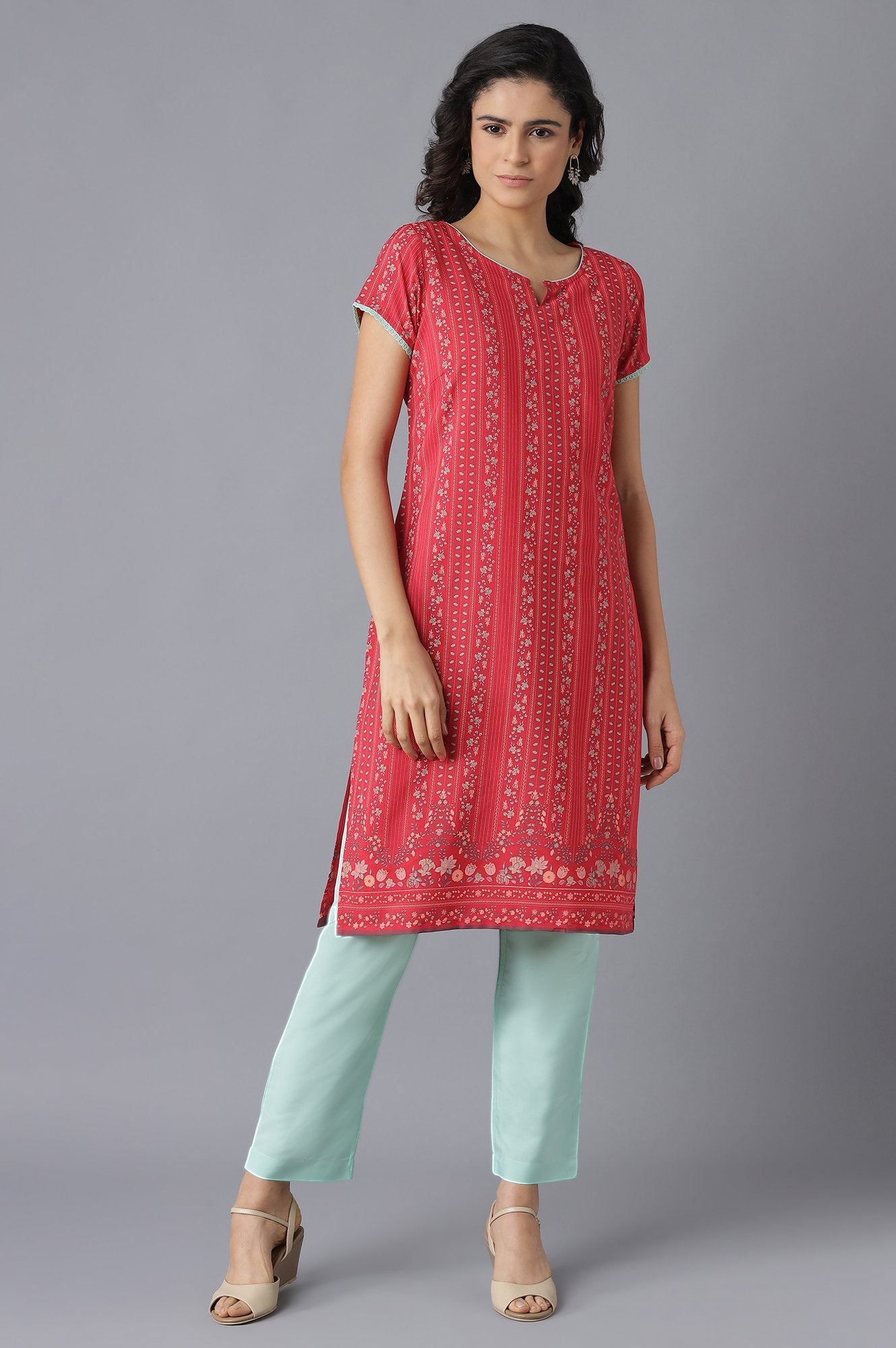 Red Floral Print kurta and Green Trousers Set