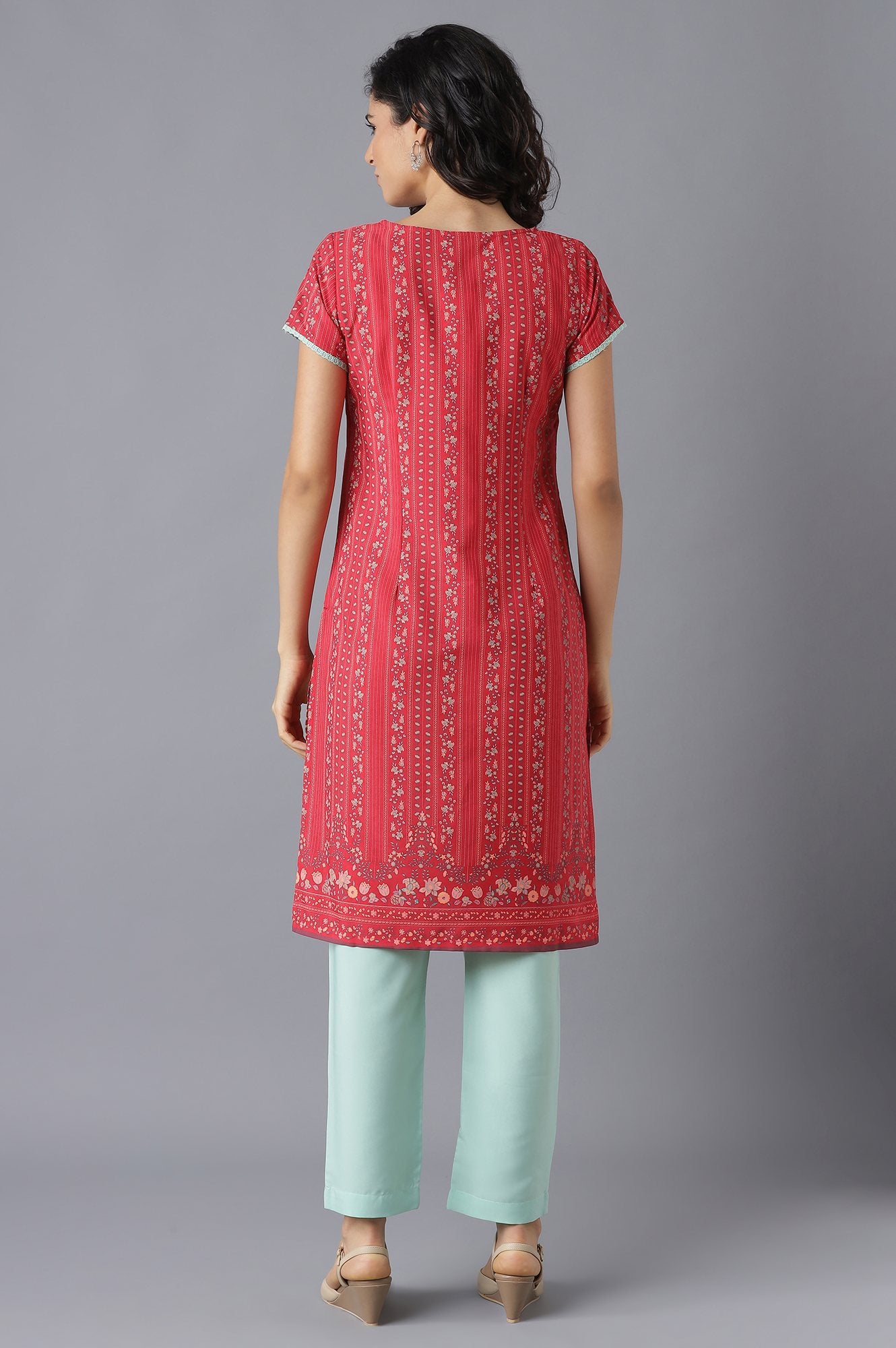 Red Floral Print kurta and Green Trousers Set