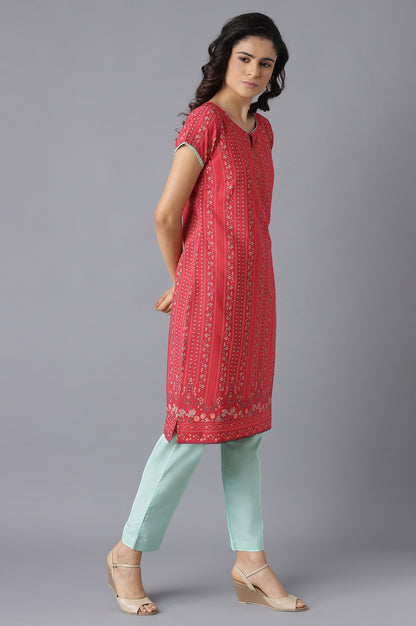 Red Floral Print kurta and Green Trousers Set