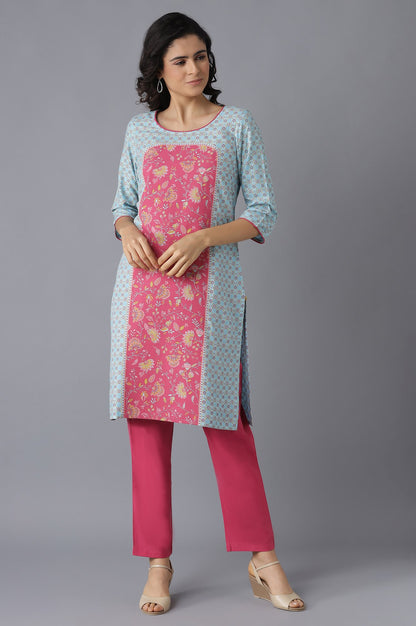 Blue Floral Print kurta and Pink Trousers Set