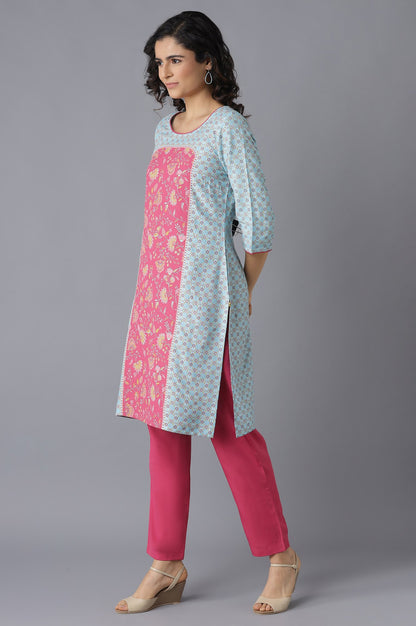 Blue Floral Print kurta and Pink Trousers Set