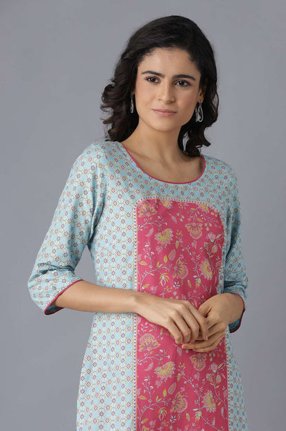 Blue Floral Print kurta and Pink Trousers Set