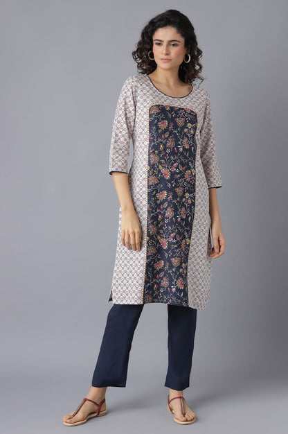 Grey Floral Print kurta and Blue Trousers Set