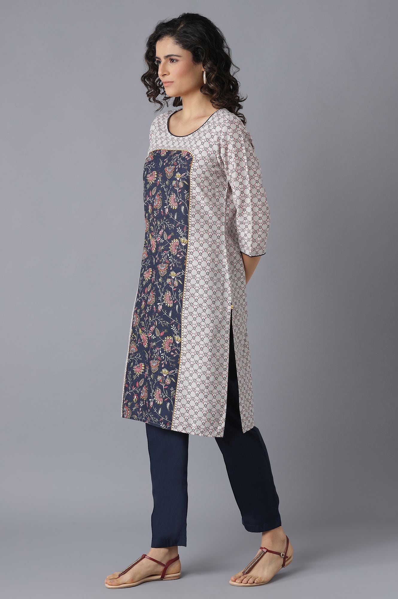 Grey Floral Print kurta and Blue Trousers Set