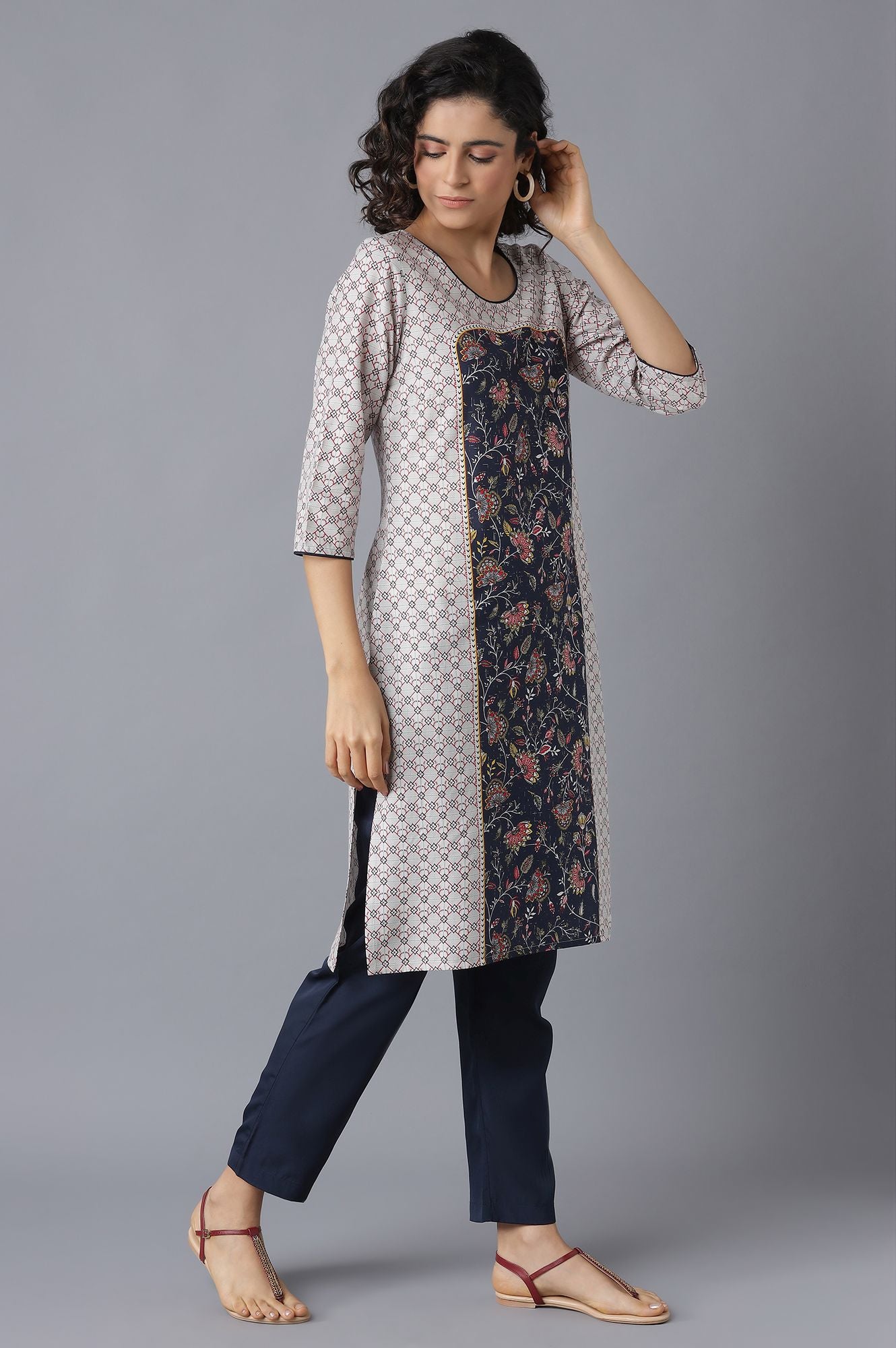 Grey Floral Print kurta and Blue Trousers Set