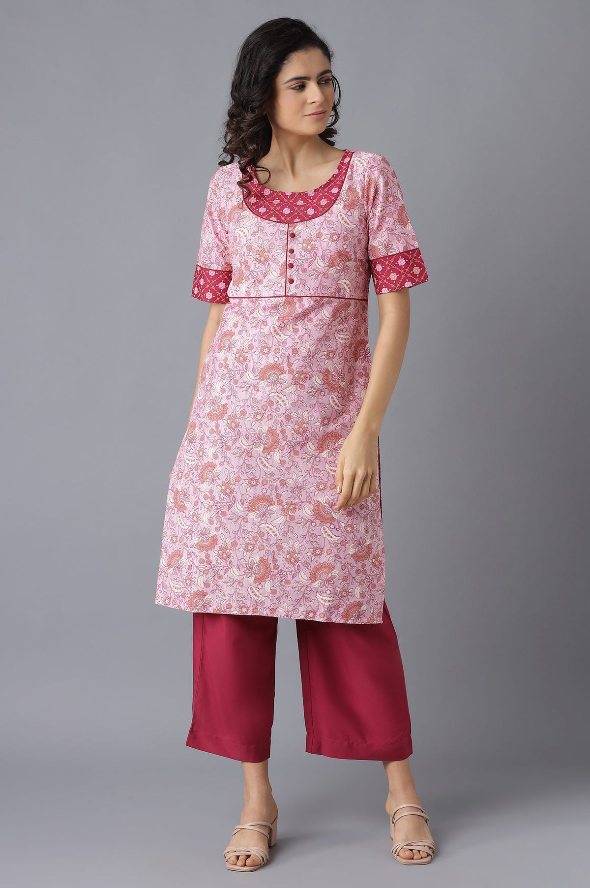 Pink Printed Ethnic kurta and Culottes Set - L