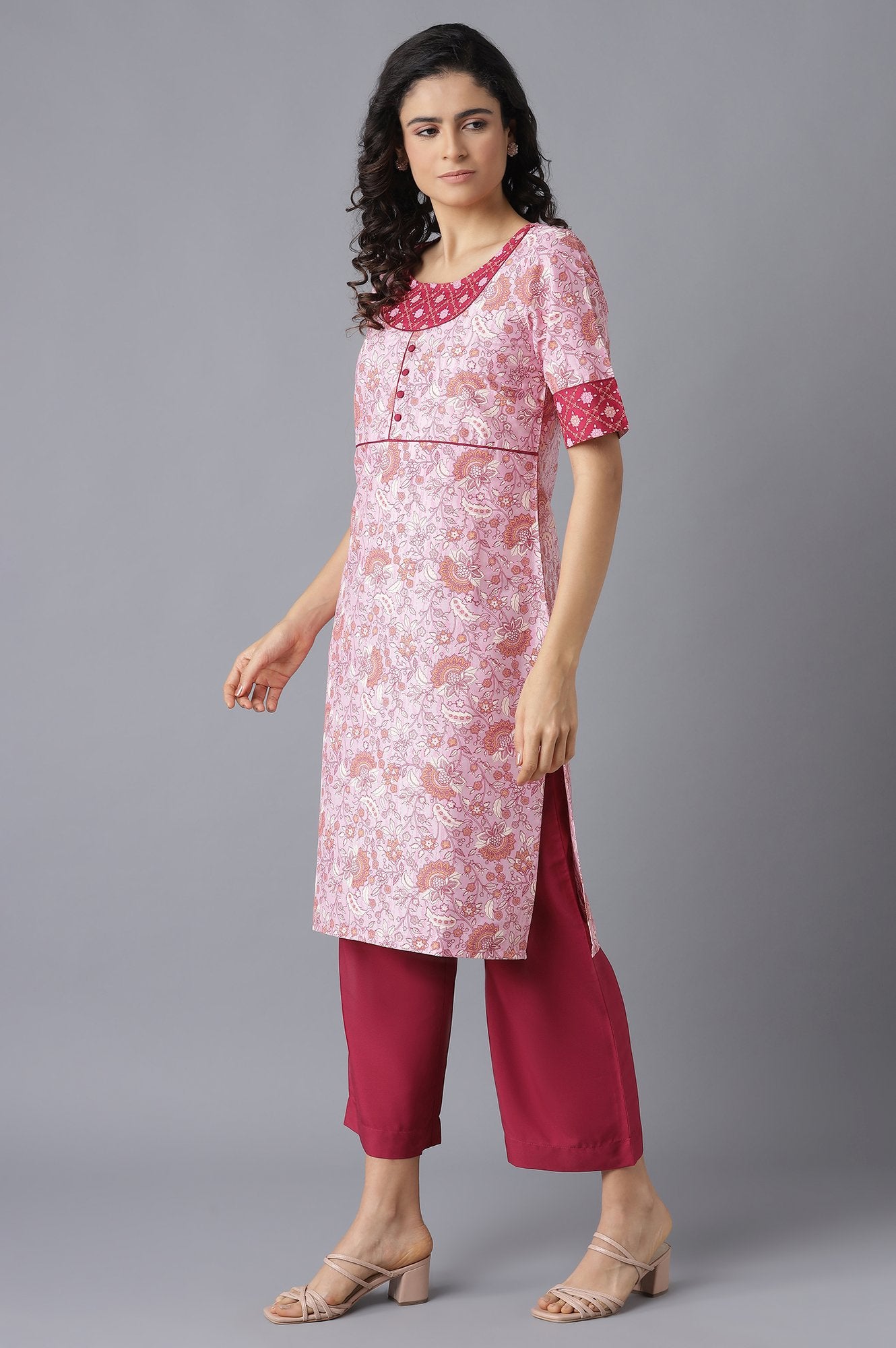 Pink Printed Ethnic kurta and Culottes Set